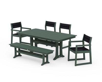 POLYWOOD® EDGE Sling 6-Piece Farmhouse Dining Set With Trestle Legs in Green / Black Sling