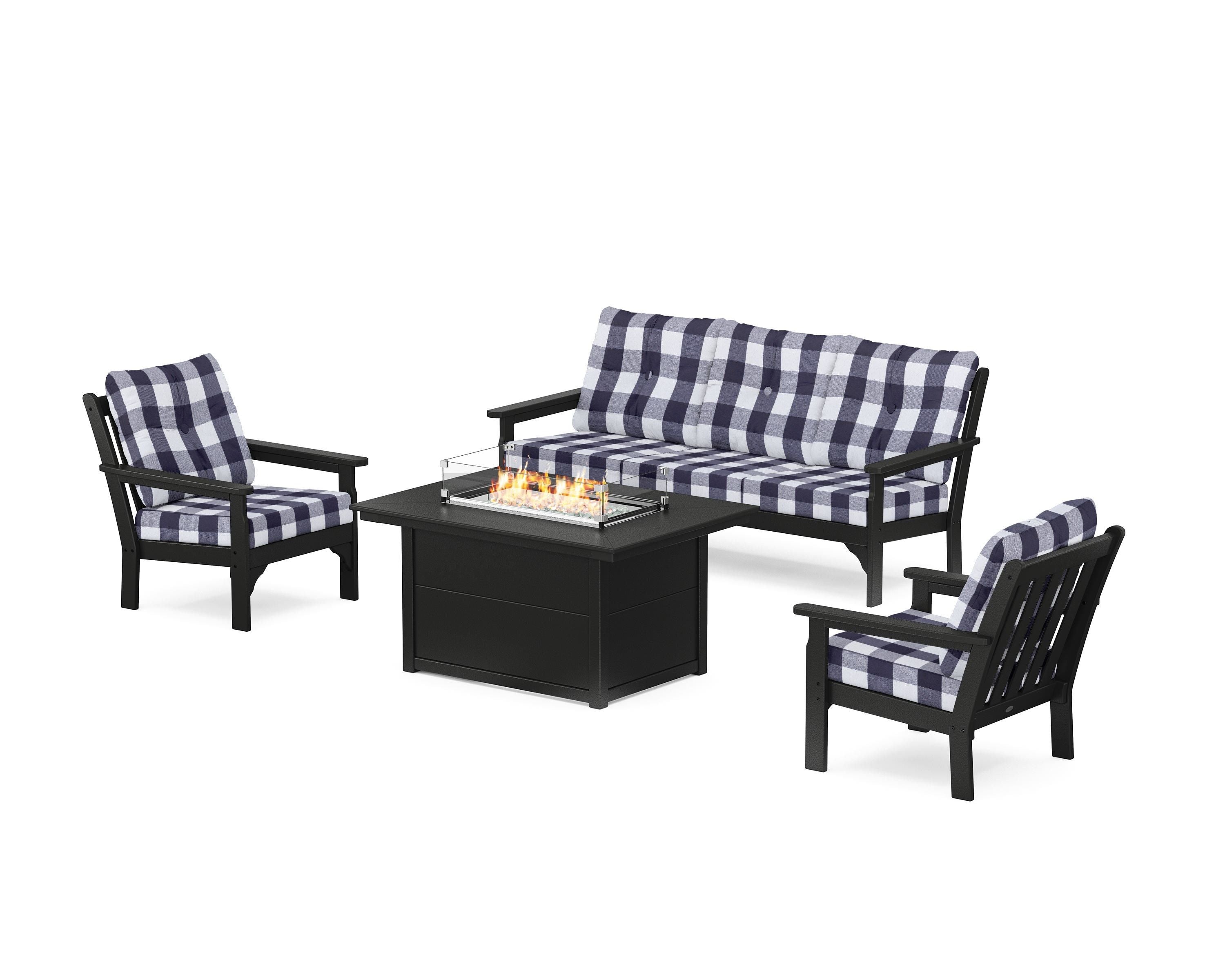 POLYWOOD® Vineyard Deep Seating Fire Pit Table Set in Black / Buffalo Plaid Navy