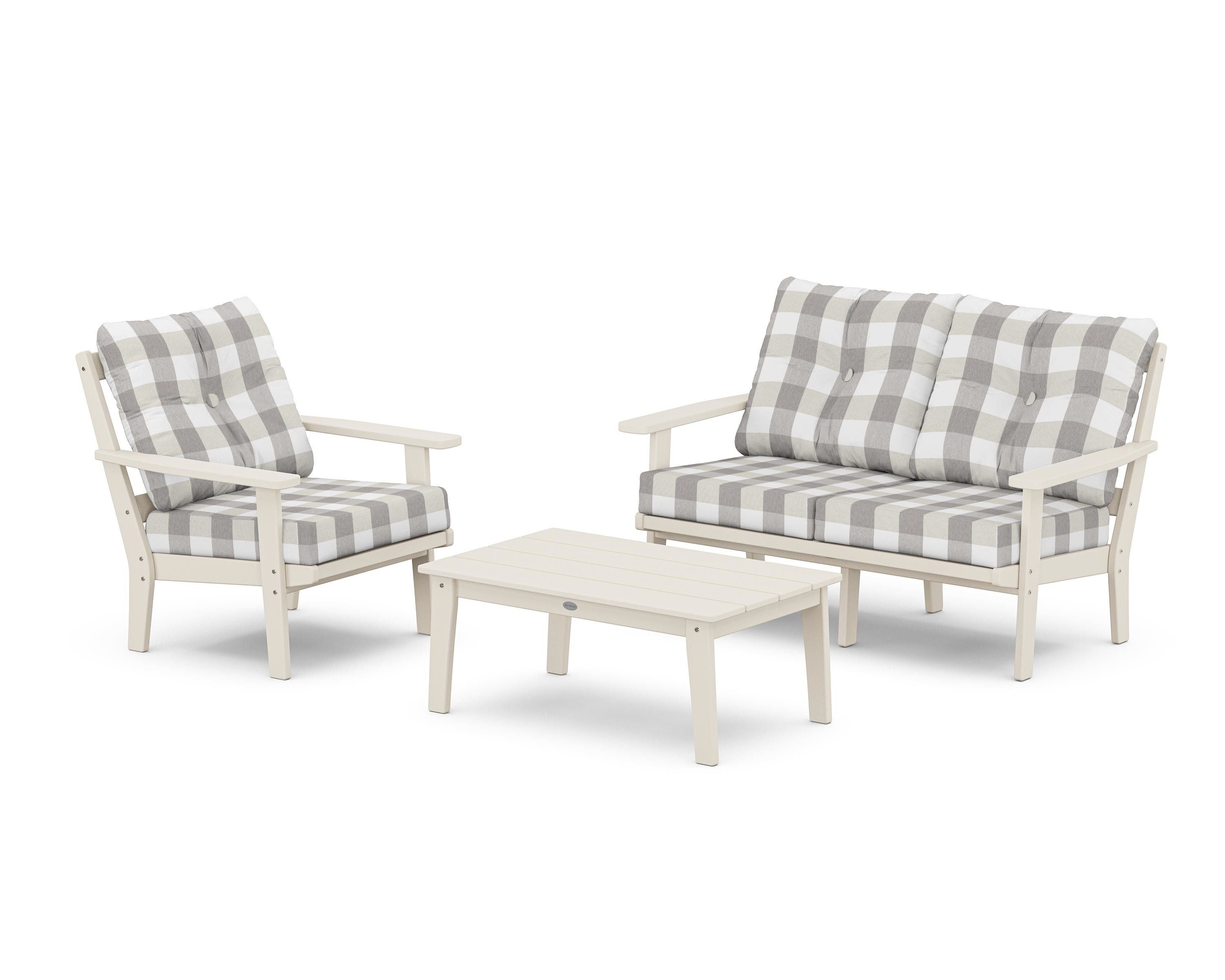 POLYWOOD® Prairie 3-Piece Deep Seating Set with Loveseat in Sand / Buffalo Plaid Grey Mist