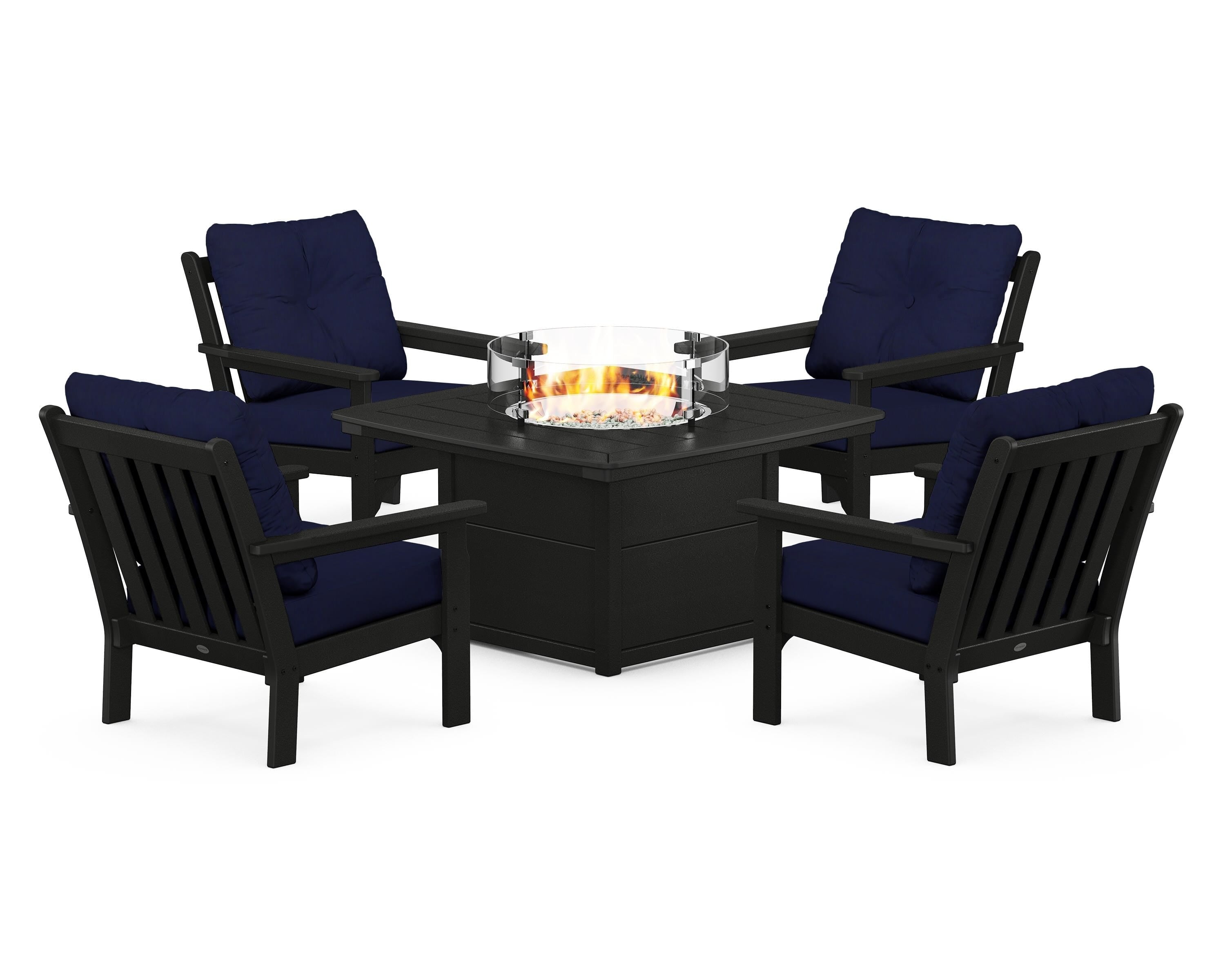 POLYWOOD® Vineyard 5-Piece Conversation Set with Fire Pit Table in Black / Navy