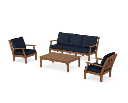 Martha Stewart by POLYWOOD® Chinoiserie 4-Piece Deep Seating Set with Sofa in Teak / Marine Indigo