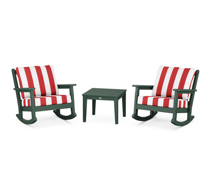 POLYWOOD® Chippendale 3-Piece Deep Seating Rocker Set in Green / Cabana Stripe Crimson