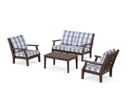 Country Living Wovendale 4-Piece Deep Seating Set with Loveseat in Mahogany / Buffalo Plaid Sky Blue