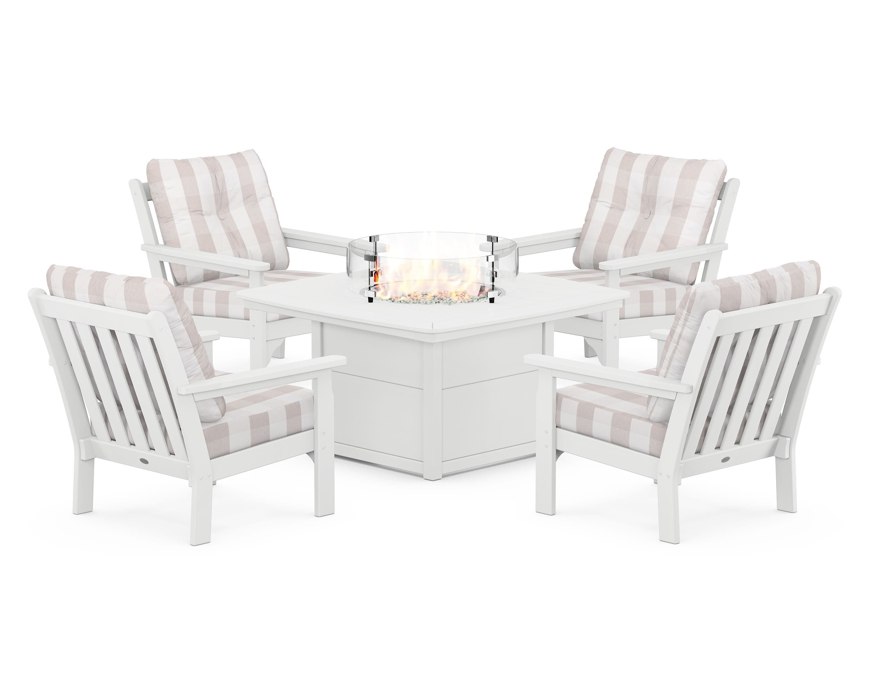 POLYWOOD® Vineyard 5-Piece Conversation Set with Fire Pit Table in White / Buffalo Plaid Dune Burlap