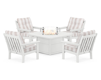 POLYWOOD® Vineyard 5-Piece Conversation Set with Fire Pit Table in White / Buffalo Plaid Dune Burlap