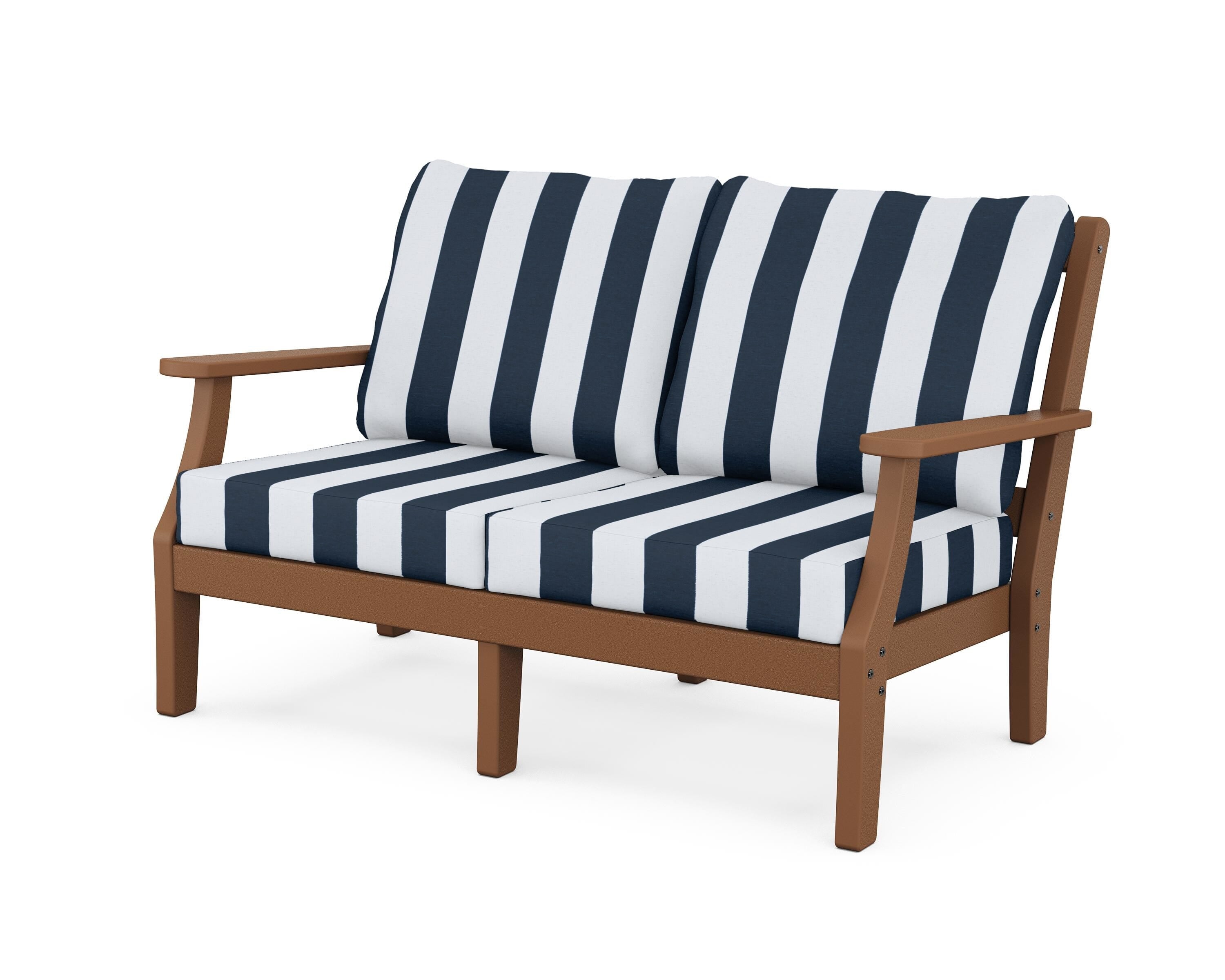 Martha Stewart by POLYWOOD® Chinoiserie Deep Seating Loveseat in Teak / Cabana Stripe Marine Indigo