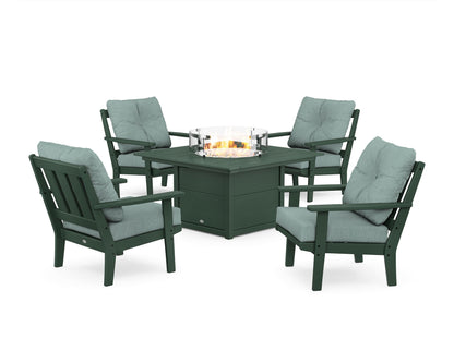 POLYWOOD® Oxford 5-Piece Deep Seating Set with Fire Pit Table in Green / Glacier Spa