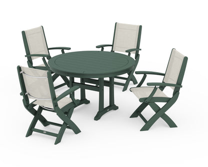 POLYWOOD® Coastal Folding Chair 5-Piece Round Dining Set with Trestle Legs in Green / Parchment Sling