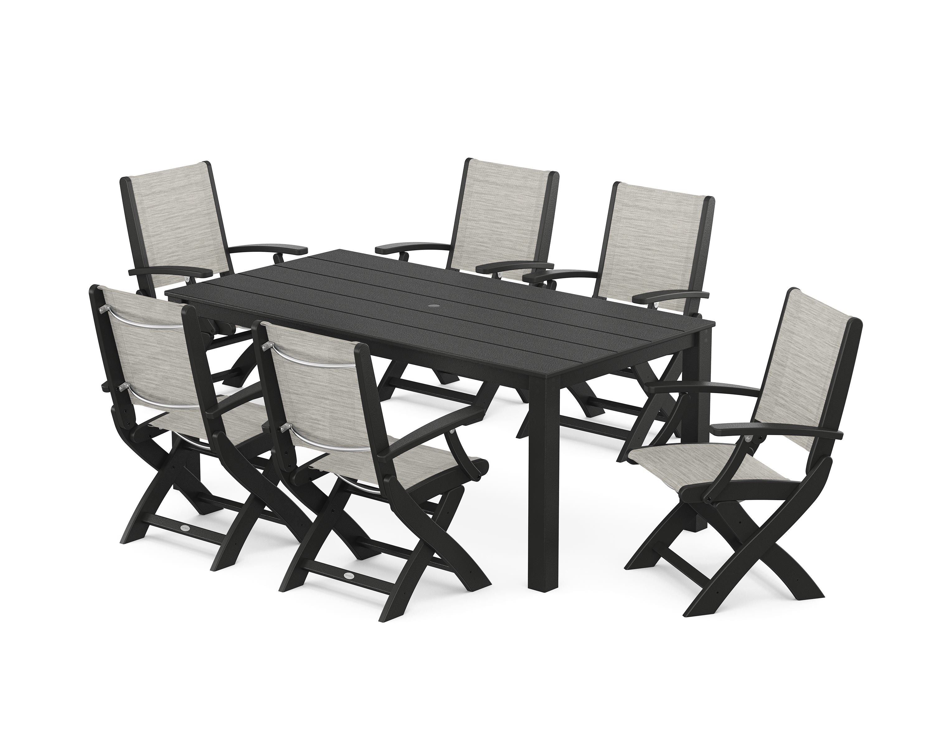 POLYWOOD® Coastal Folding Chair 7-Piece Parsons Dining Set in Black / Birch Sling