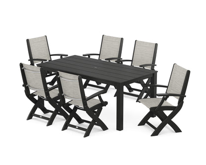 POLYWOOD® Coastal Folding Chair 7-Piece Parsons Dining Set in Black / Birch Sling