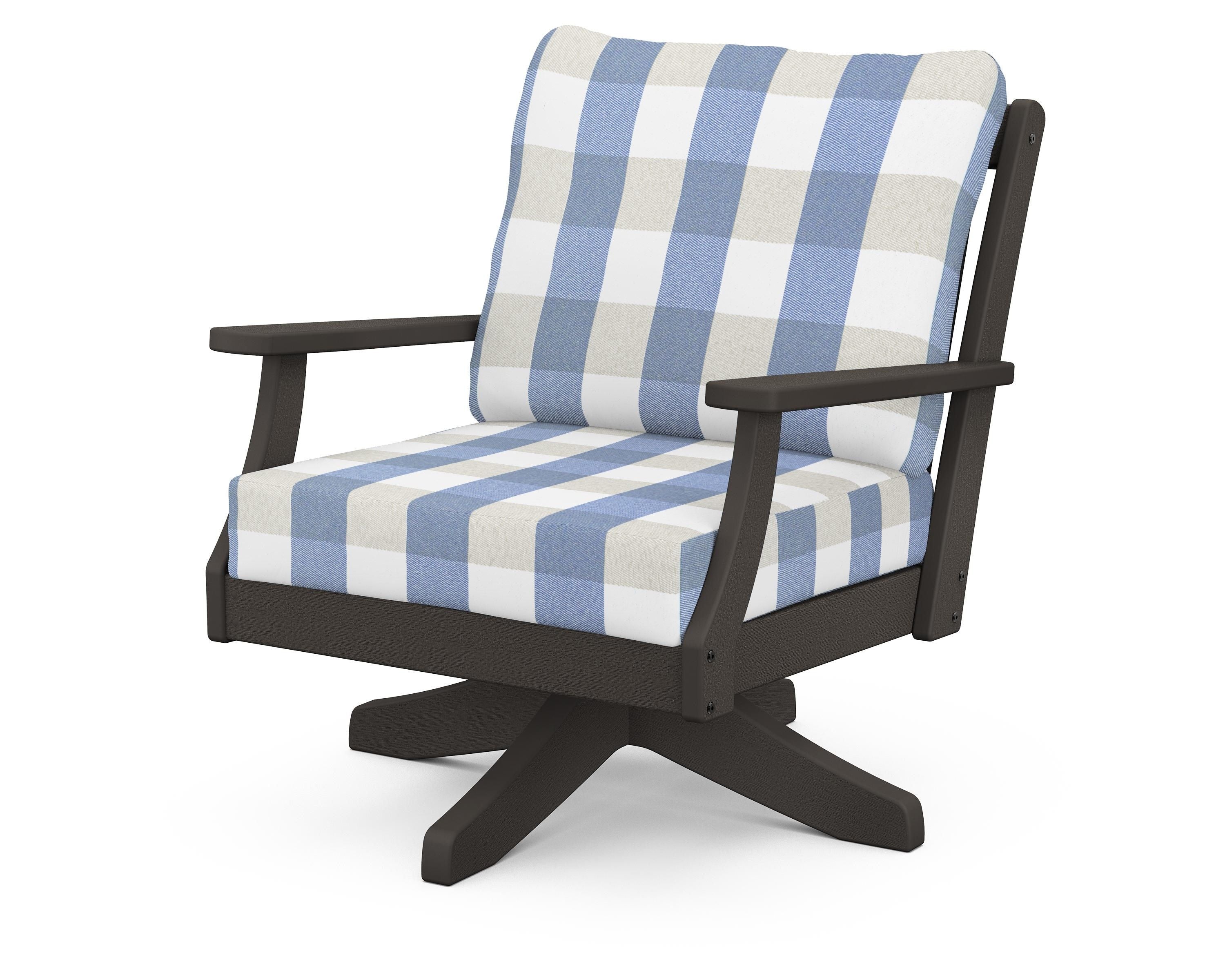 POLYWOOD® Braxton Deep Seating Swivel Chair in Vintage Coffee / Buffalo Plaid Sky Blue