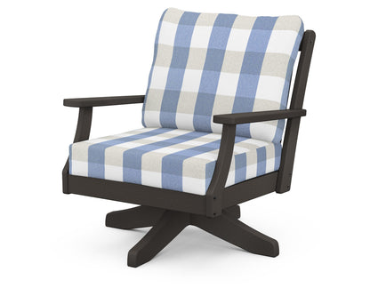 POLYWOOD® Braxton Deep Seating Swivel Chair in Vintage Coffee / Buffalo Plaid Sky Blue