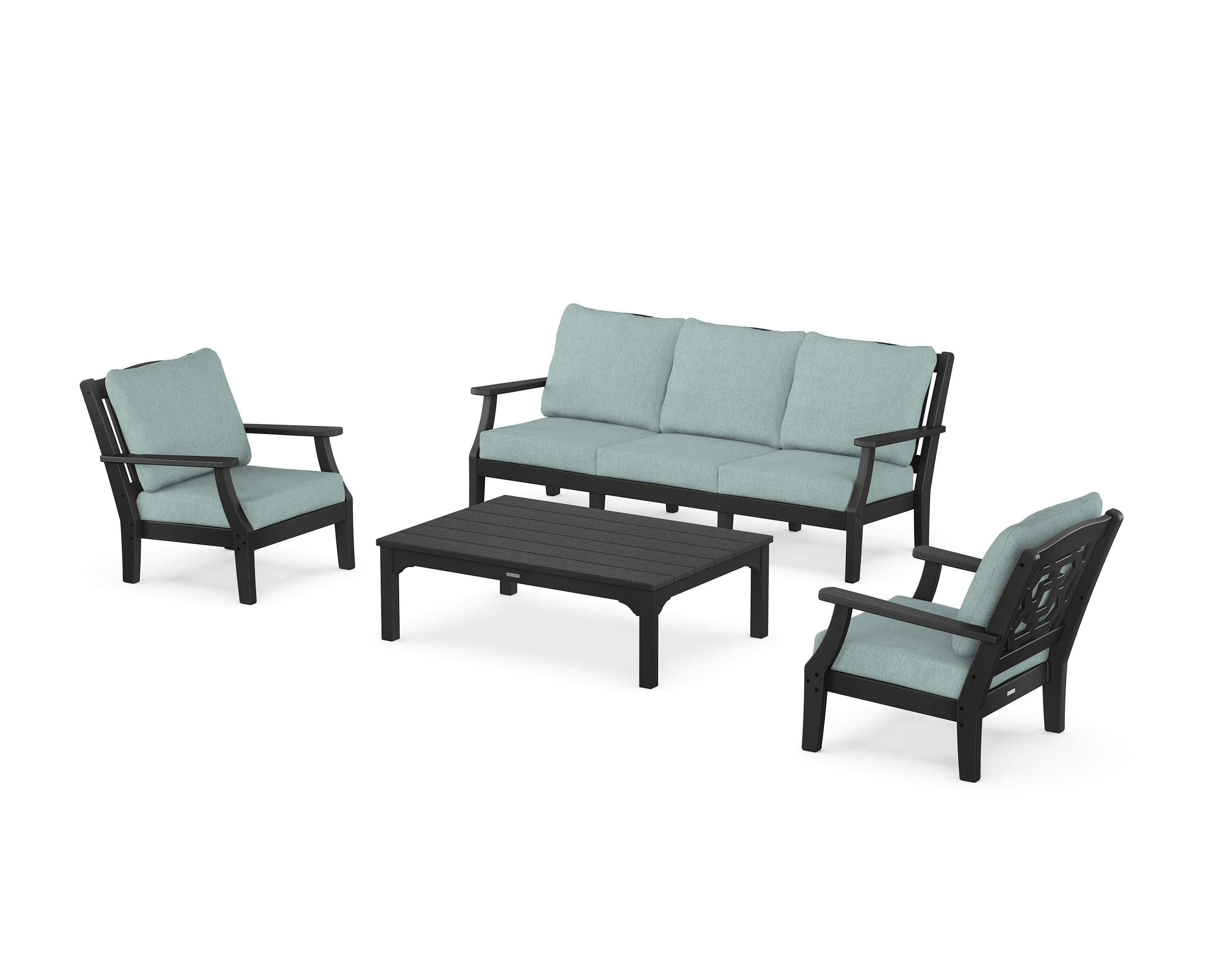 Martha Stewart by POLYWOOD® Chinoiserie 4-Piece Deep Seating Set with Sofa in Black / Glacier Spa