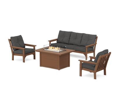 POLYWOOD® Vineyard Deep Seating Fire Pit Table Set in Teak / Spectrum Carbon