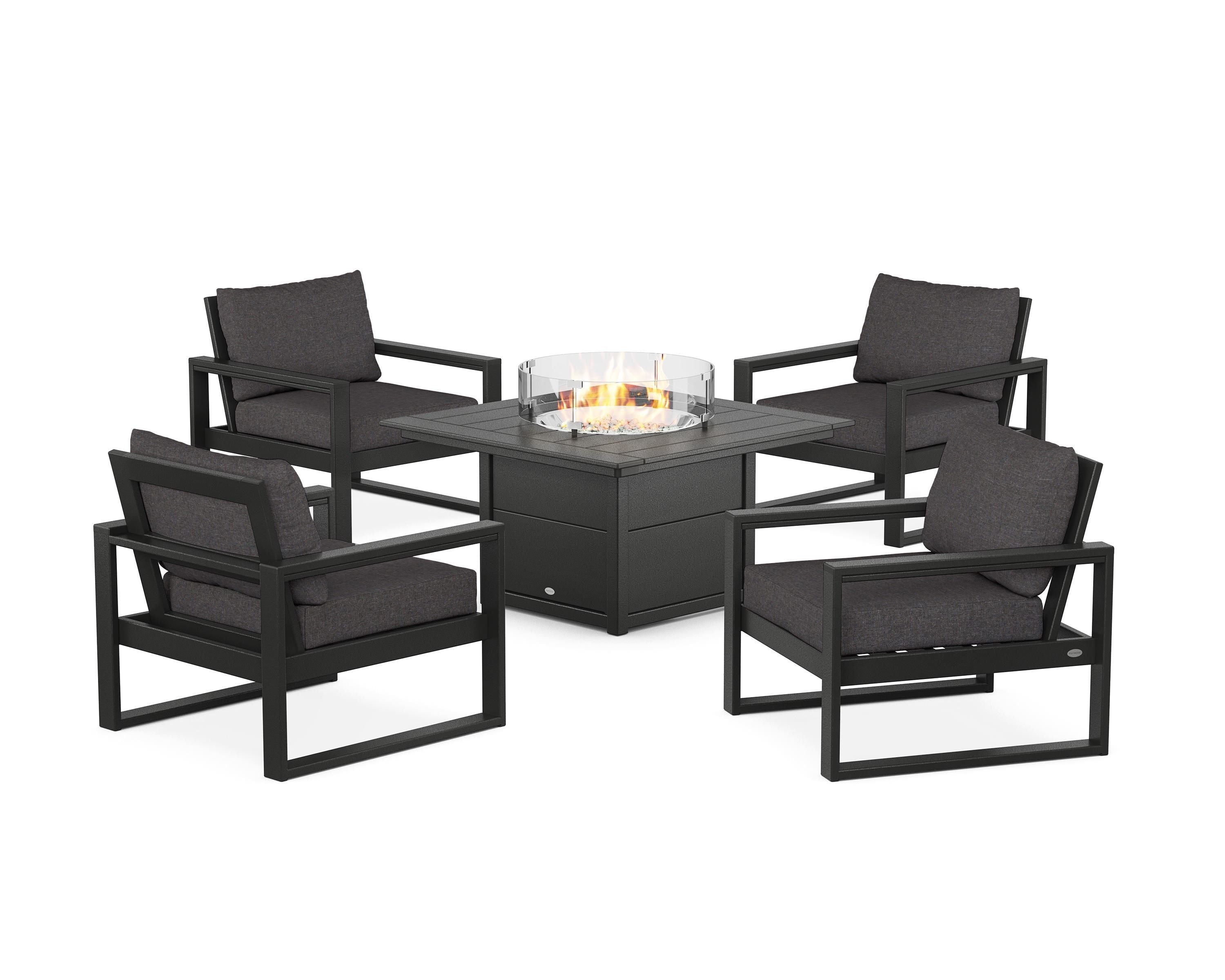 POLYWOOD® EDGE Sectional 5-Piece Deep Seating Set with Fire Pit Table in Black / Ash Charcoal