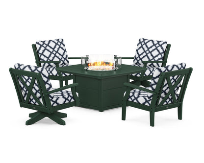 POLYWOOD® Braxton 5-Piece Deep Seating Set with Fire Table in Green / Trellis Marine Indigo