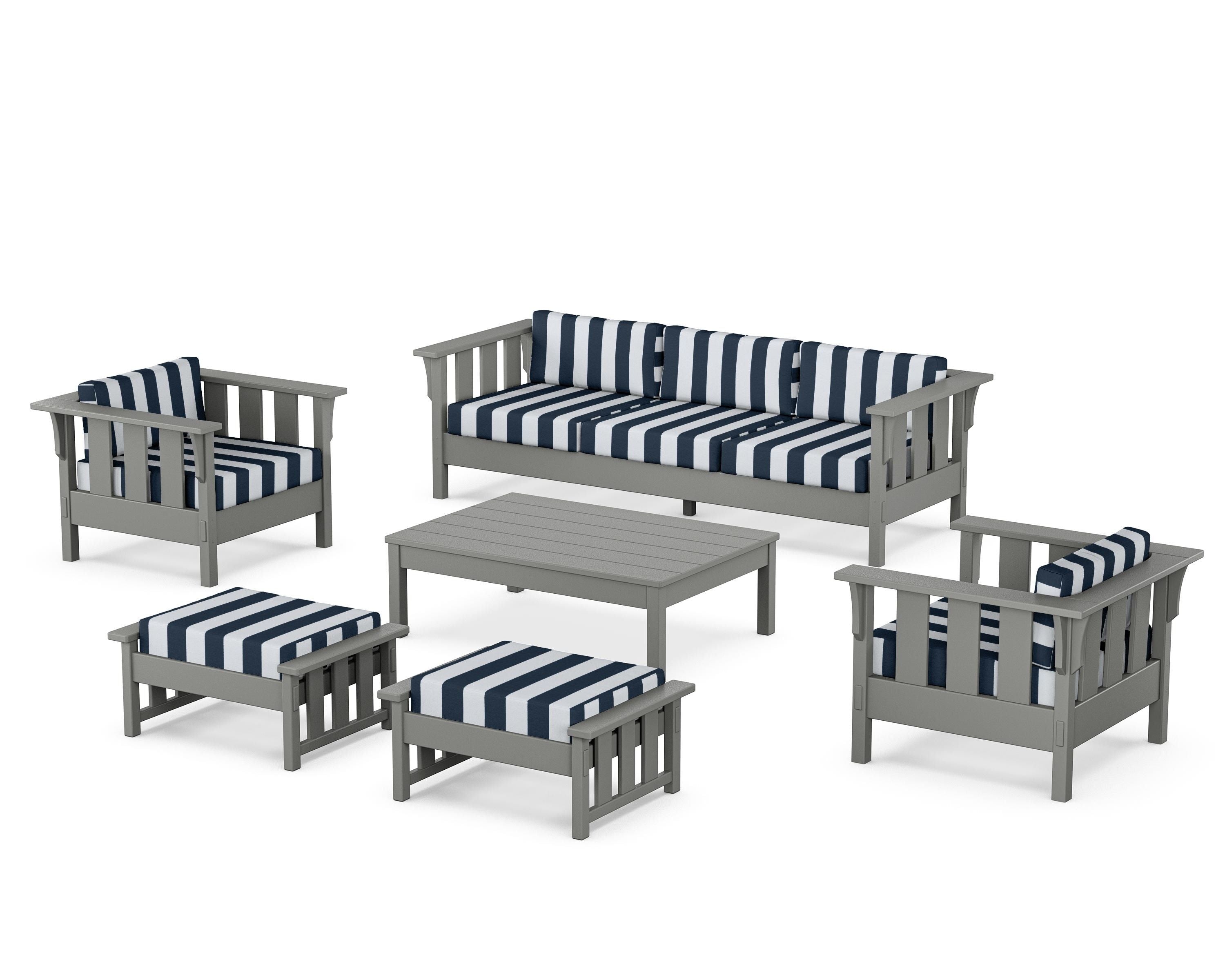 Martha Stewart by POLYWOOD® Acadia 6-Piece Lounge Sofa Set in Slate Grey / Cabana Stripe Marine Indigo