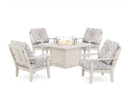 POLYWOOD® Mission 5-Piece Deep Seating Set with Fire Pit Table in Sand / Trellis Dune Burlap