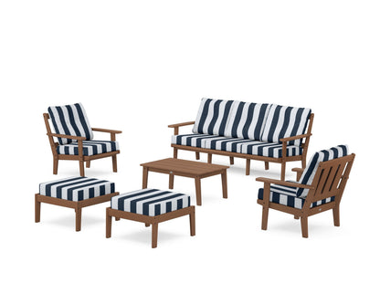 POLYWOOD® Oxford 6-Piece Lounge Sofa Set in Teak / Cabana Stripe Marine Indigo