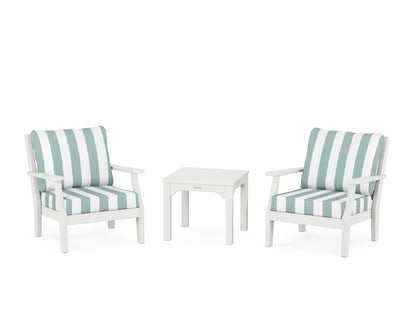 Martha Stewart by POLYWOOD® Chinoiserie 3-Piece Deep Seating Set in White / Cabana Stripe Glacier Spa