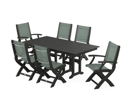 POLYWOOD® Coastal Folding Chair 7-Piece Farmhouse Dining Set in Black / Dupioni Sea Mist Sling
