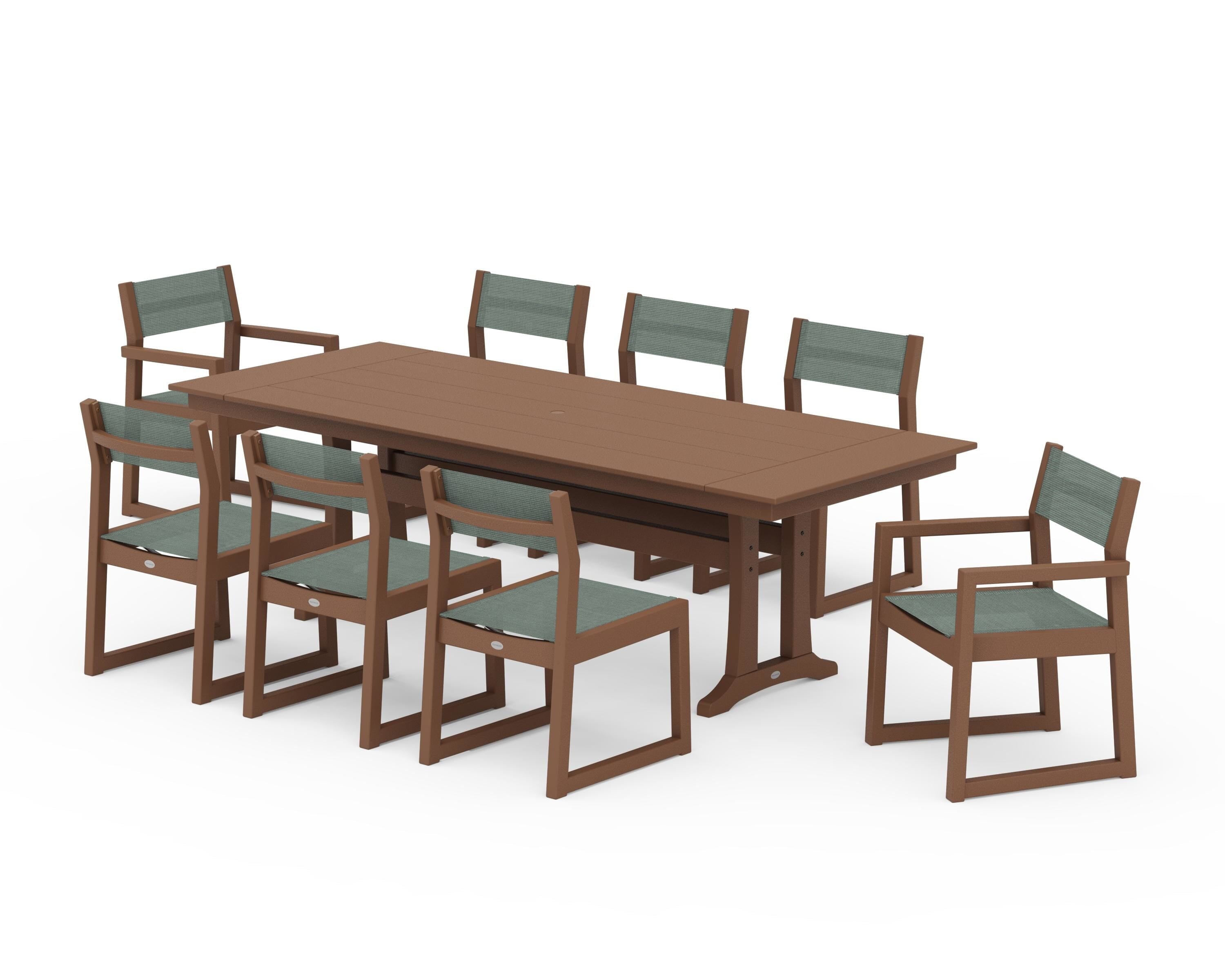 POLYWOOD® EDGE Sling 9-Piece Farmhouse Trestle Dining Set in Teak / Dupioni Sea Mist Sling