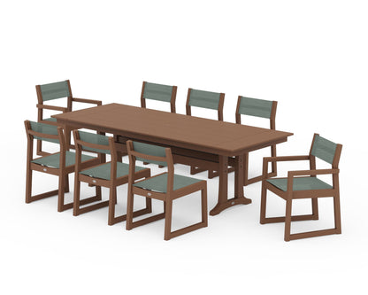 POLYWOOD® EDGE Sling 9-Piece Farmhouse Trestle Dining Set in Teak / Dupioni Sea Mist Sling