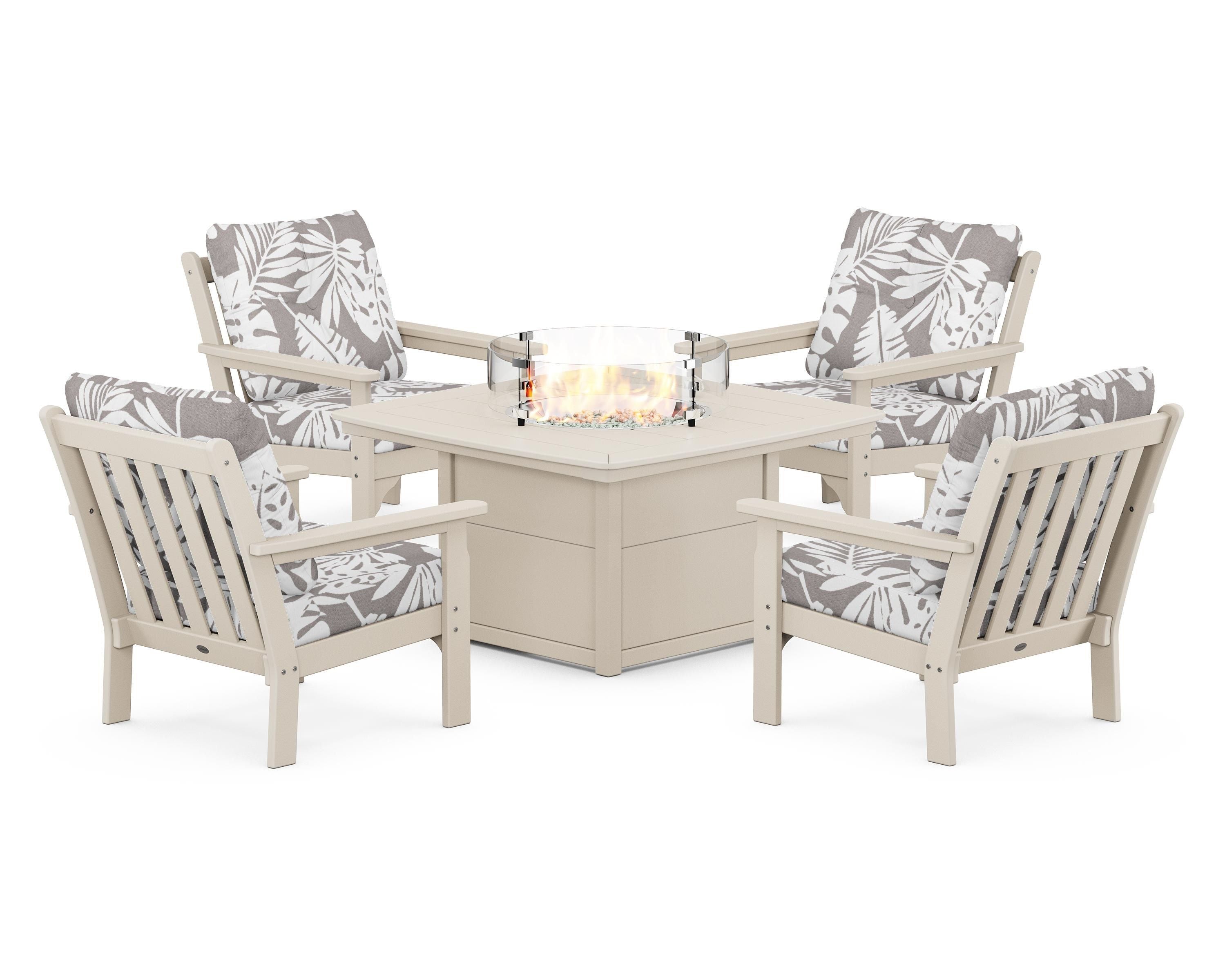 POLYWOOD® Vineyard 5-Piece Conversation Set with Fire Pit Table in Sand / Leaf Grey Mist