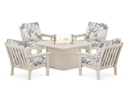 POLYWOOD® Vineyard 5-Piece Conversation Set with Fire Pit Table in Sand / Leaf Grey Mist