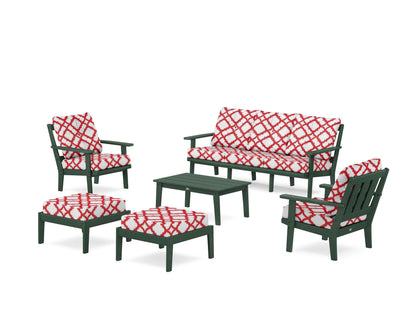 POLYWOOD® Oxford 6-Piece Lounge Sofa Set in Green / Trellis Crimson