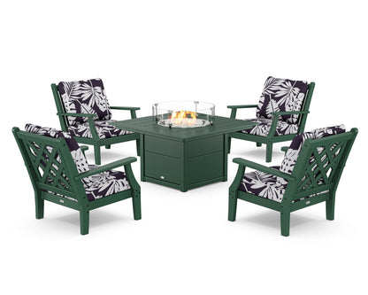 Country Living Wovendale 5-Piece Deep Seating Set with Fire Pit Table in Green / Leaf Navy