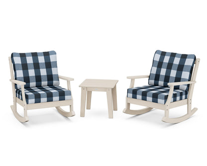 POLYWOOD® Braxton 3-Piece Deep Seating Rocker Set in Sand / Buffalo Plaid Marine Indigo