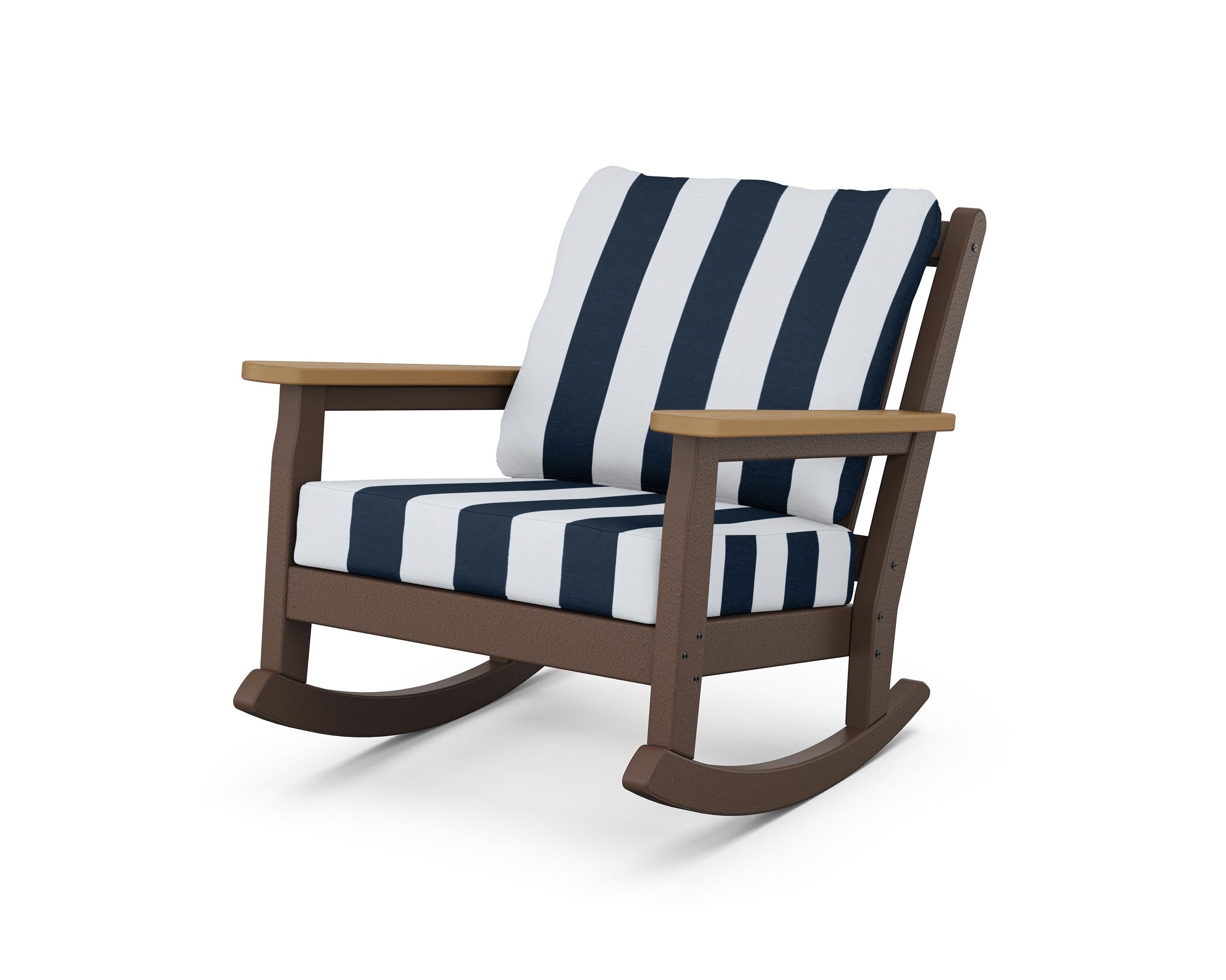 POLYWOOD® Chippendale Deep Seating Rocking Chair in Mahogany / Natural / Cabana Stripe Marine Indigo
