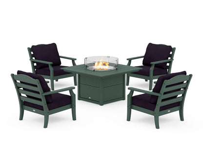 Draper James™ by  POLYWOOD® Savannah 5-Piece Deep Seating Set with Fire Pit Table in Green / Navy Linen