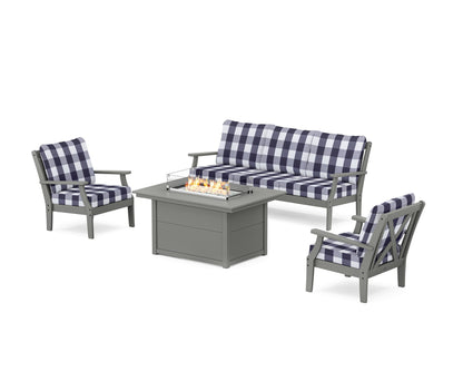POLYWOOD® Braxton Deep Seating Fire Pit Table Set in Slate Grey / Buffalo Plaid Navy