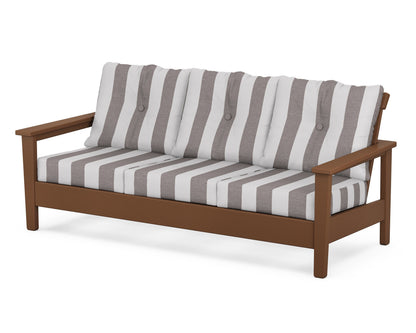 POLYWOOD® Prescott Deep Seating Sofa in Teak / Cabana Stripe Grey Mist