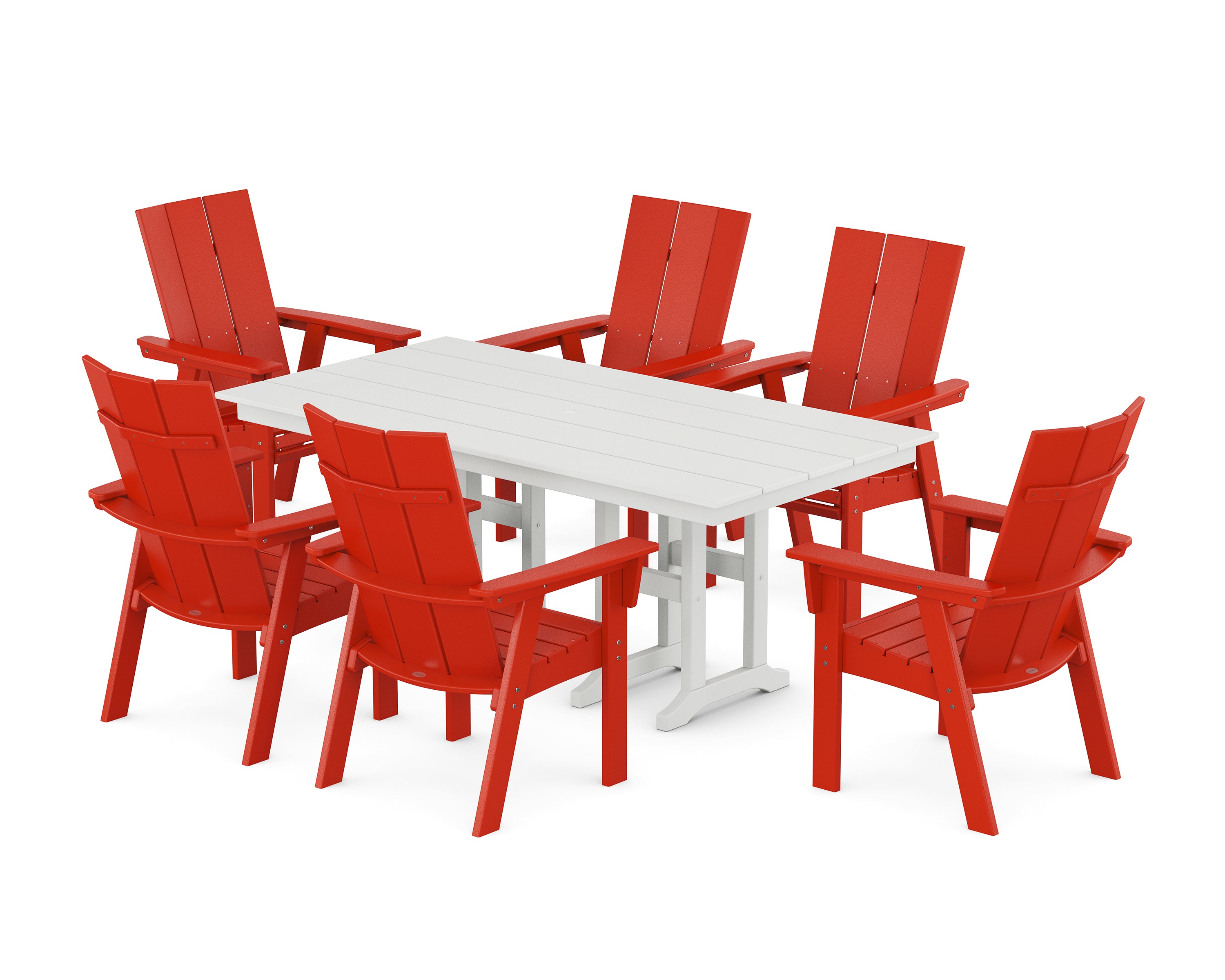 POLYWOOD® Modern Curveback Adirondack 7-Piece Farmhouse Dining Set in Sunset Red / White