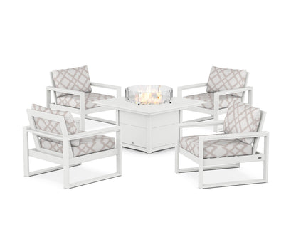 POLYWOOD® EDGE Sectional 5-Piece Deep Seating Set with Fire Pit Table in White / Trellis Dune Burlap