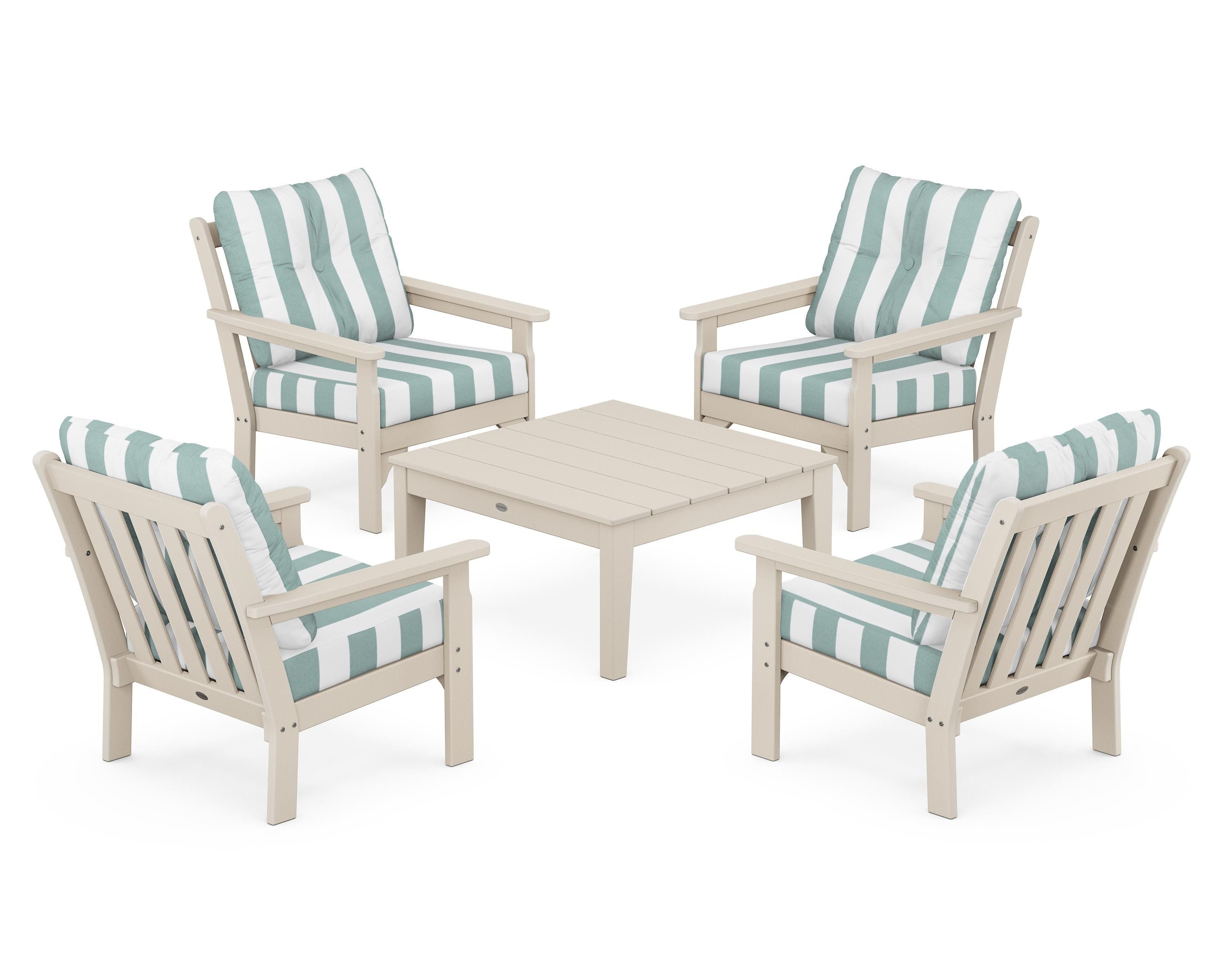 POLYWOOD® Vineyard 5-Piece Deep Seating Conversation Set in Sand / Cabana Stripe Glacier Spa