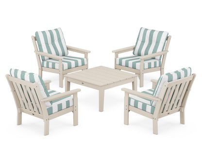 POLYWOOD® Vineyard 5-Piece Deep Seating Conversation Set in Sand / Cabana Stripe Glacier Spa