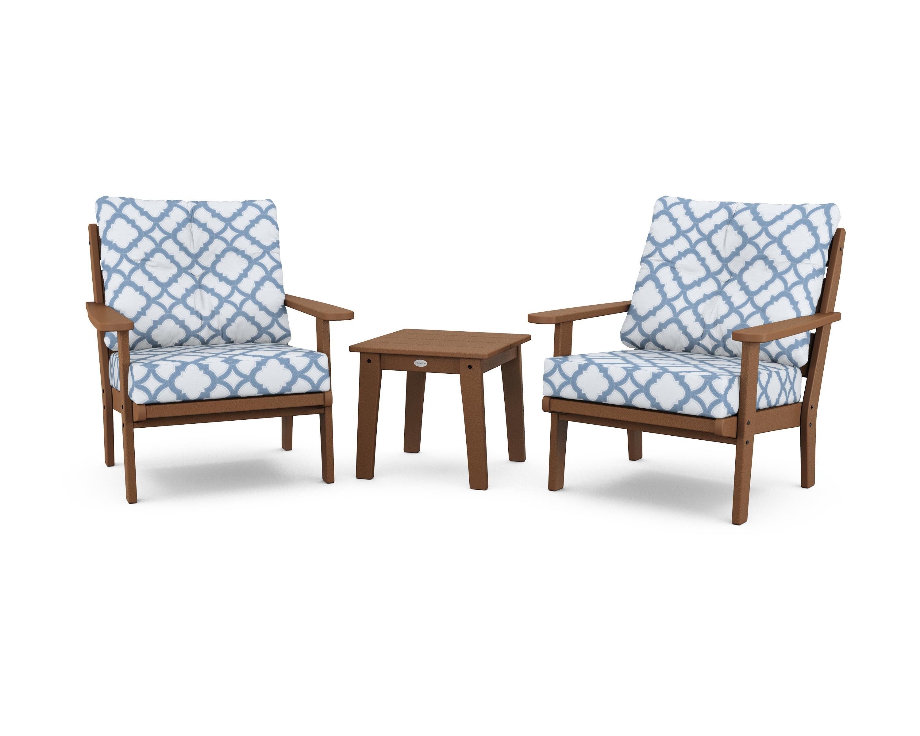 POLYWOOD® Lakeside 3-Piece Deep Seating Chair Set in Teak / Trellis Sky Blue
