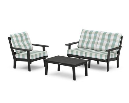 POLYWOOD® Oxford 3-Piece Deep Seating Set with Loveseat in Black / Buffalo Plaid Glacier Spa
