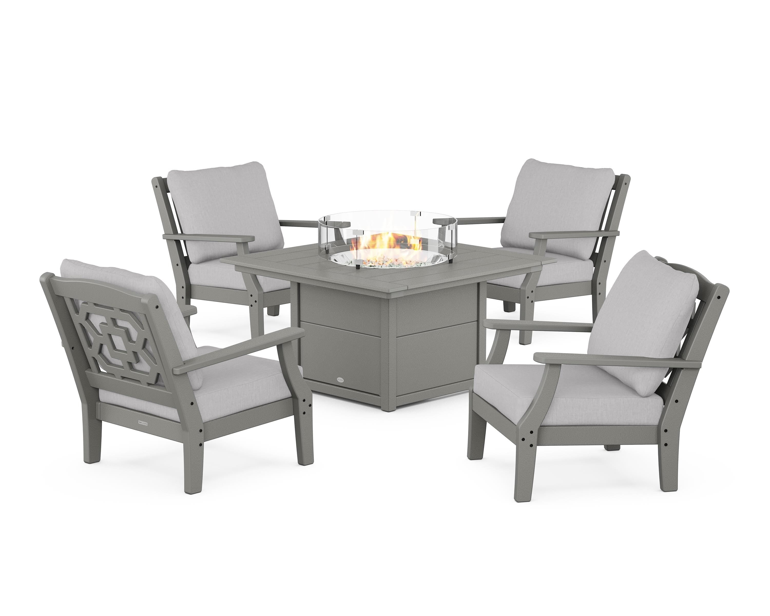 Martha Stewart by POLYWOOD® Chinoiserie 5-Piece Deep Seating Set with Fire Pit Table in Slate Grey / Granite