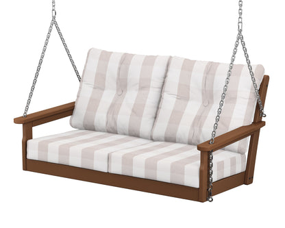 POLYWOOD® Vineyard Deep Seating Swing in Teak / Buffalo Plaid Dune Burlap