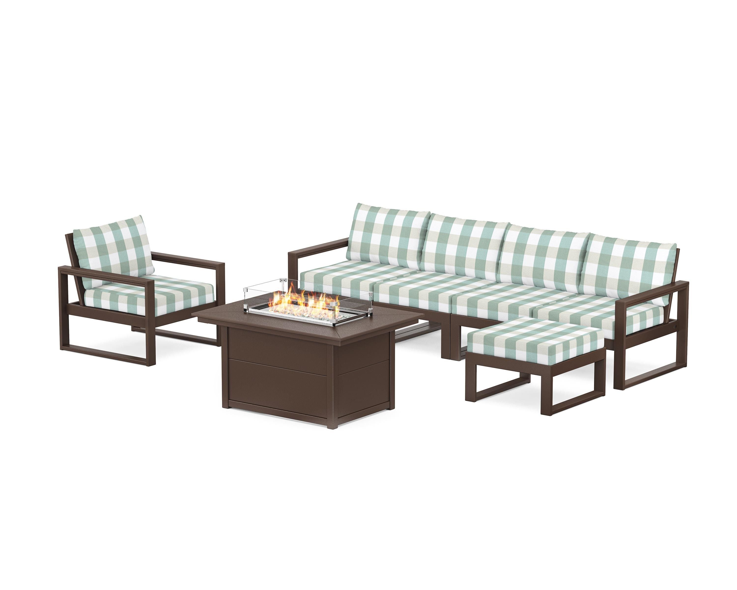 POLYWOOD® EDGE Sectional Lounge and Fire Pit Set in Mahogany / Buffalo Plaid Glacier Spa