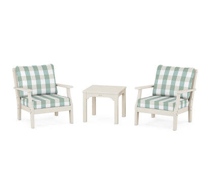 Martha Stewart by POLYWOOD® Chinoiserie 3-Piece Deep Seating Set in Sand / Buffalo Plaid Glacier Spa
