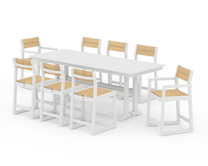 POLYWOOD® EDGE Sling 9-Piece Farmhouse Counter Set with Trestle Legs in White / Dupioni Apricot Sling