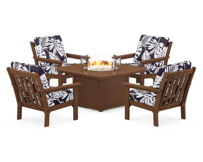 POLYWOOD® Vineyard 5-Piece Conversation Set with Fire Pit Table in Teak / Leaf Navy
