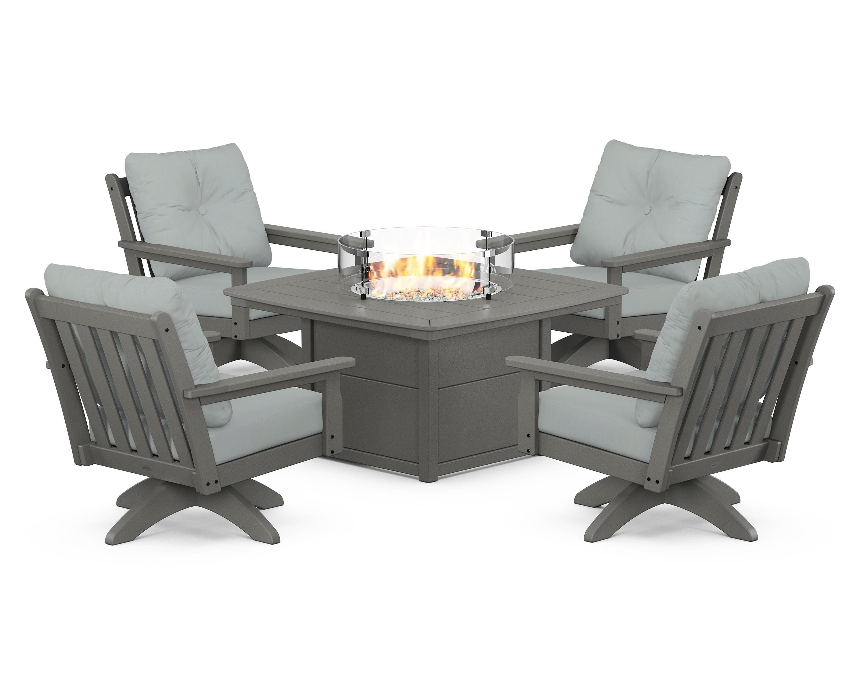 POLYWOOD® Vineyard 5-Piece Deep Seating Swivel Conversation Set with Fire Pit Table in Slate Grey / Spa