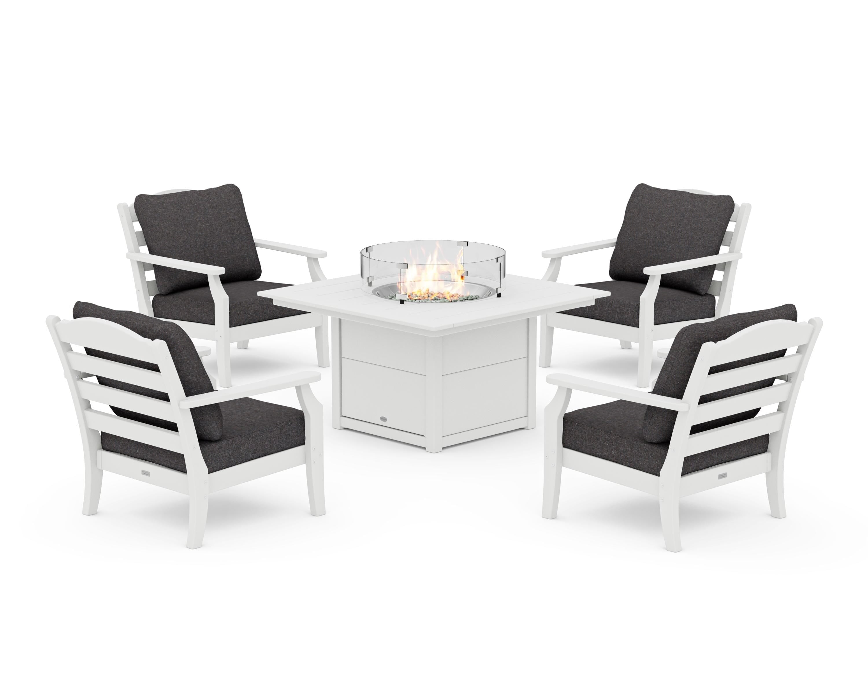 Draper James™ by  POLYWOOD® Savannah 5-Piece Deep Seating Set with Fire Pit Table in White / Ash Charcoal